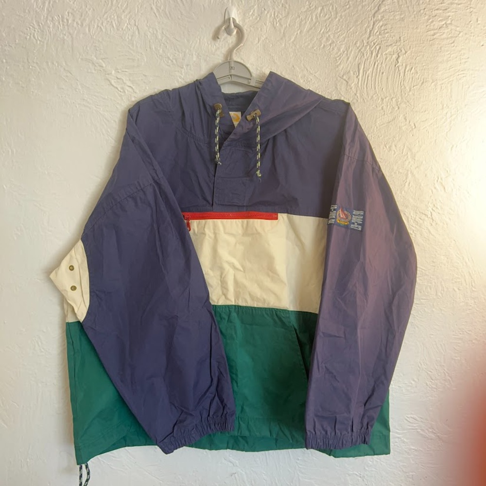 VTG 90s Nautical Sailing Jacket Hooded Colorblock Windbreaker Patch Men's Sz XL